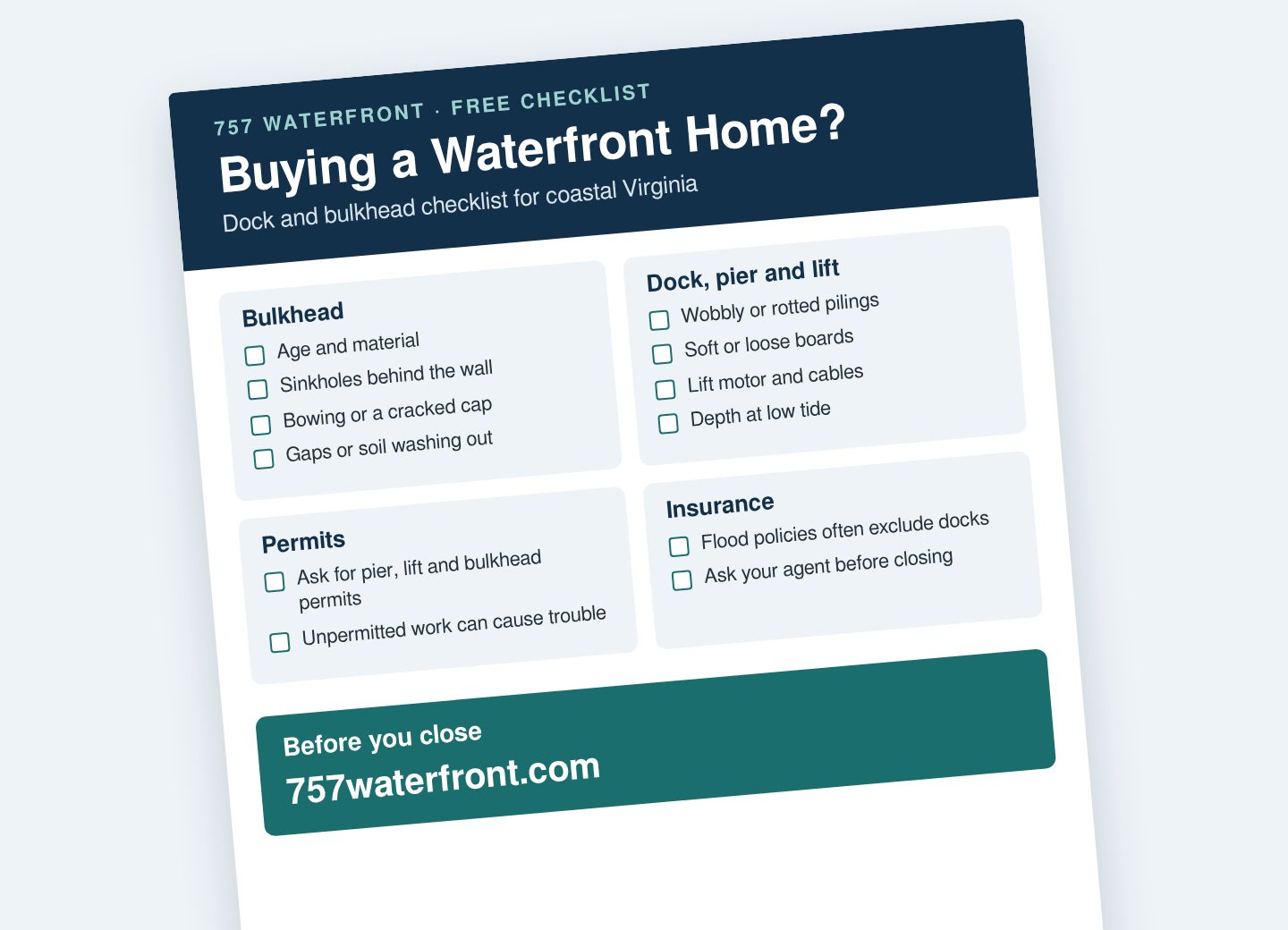 Preview of the free 757 Waterfront buyer's checklist for docks, bulkheads and boat lifts