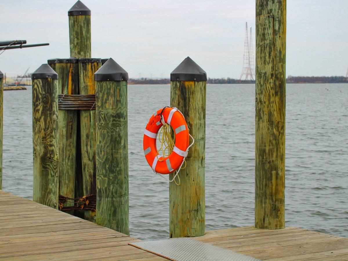 Wooden pier pilings with a life ring on a waterfront dock