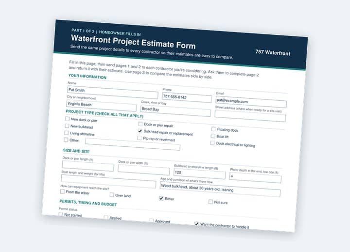 Sample of the free Waterfront Project Estimate Form with a homeowner's project details filled in