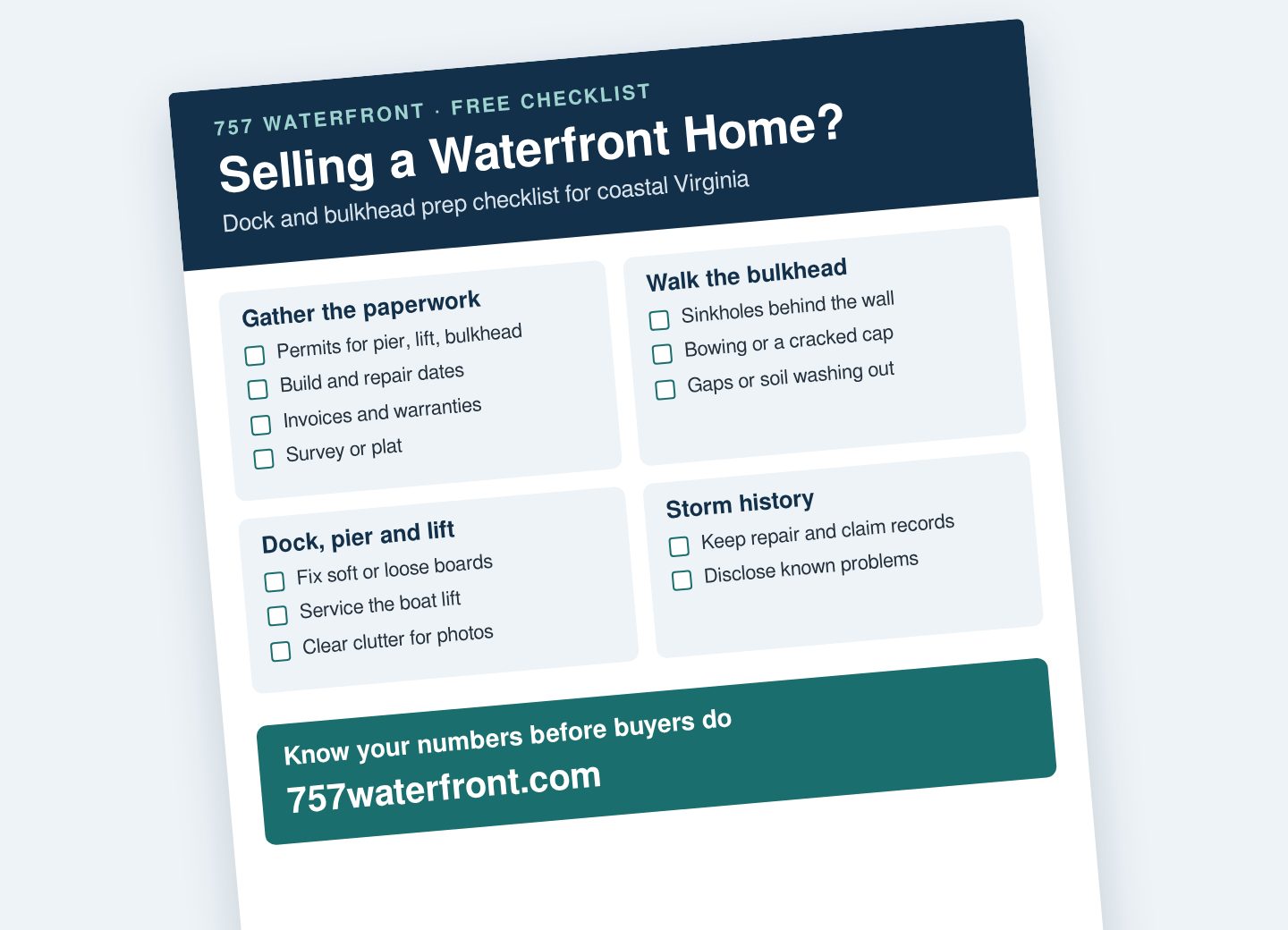 Preview of the free 757 Waterfront seller's checklist for docks, bulkheads and boat lifts