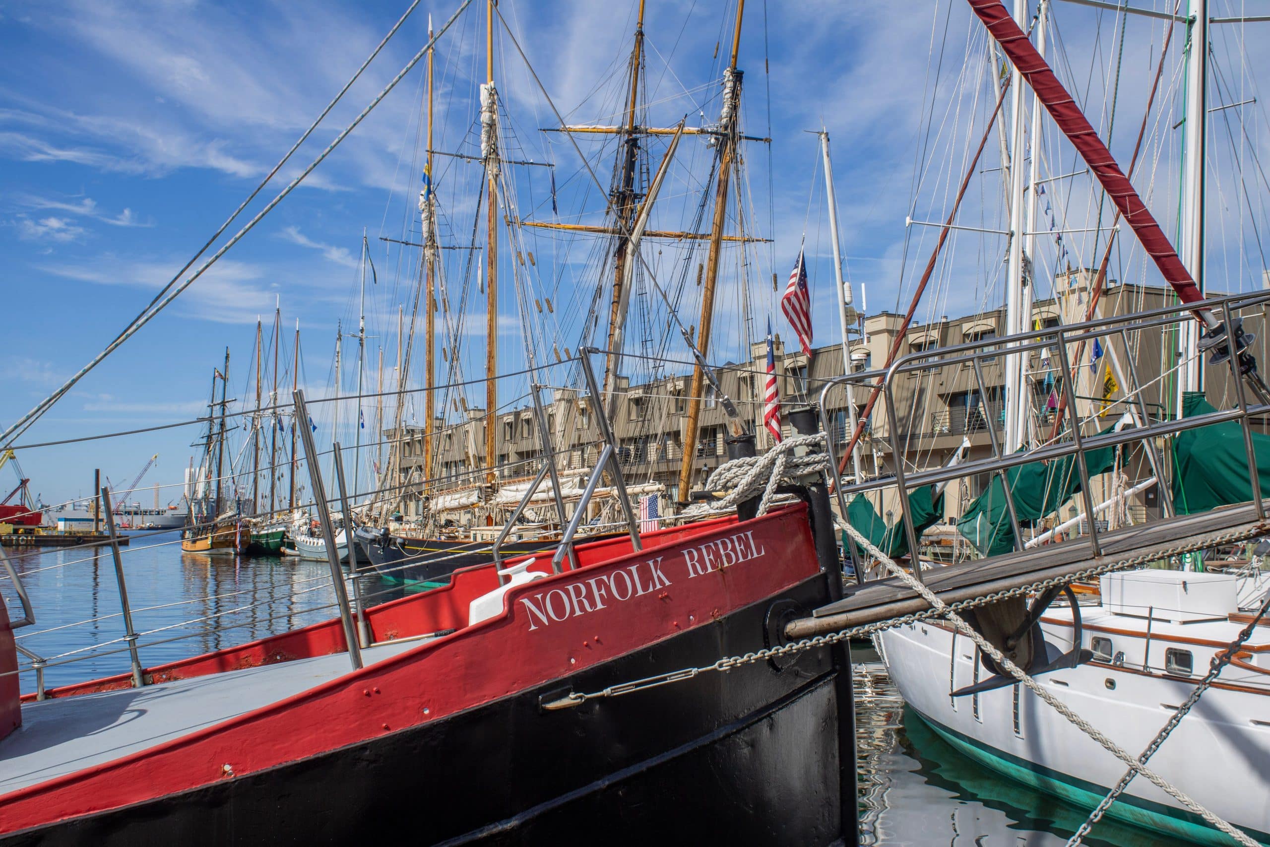 Norfolk Rebel among other vessels on the Norfolk waterfront